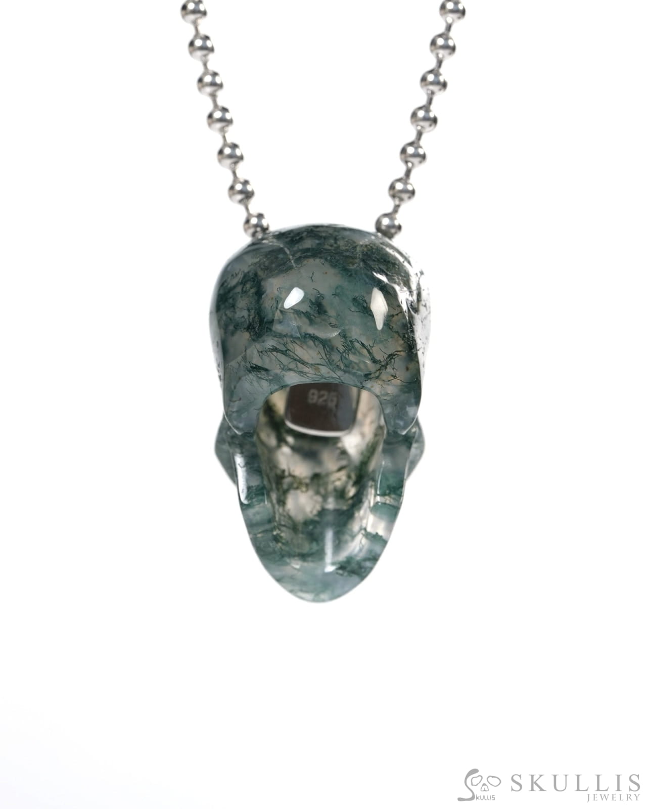 Hollow Essence - Gem Skull Pendant Necklace of Green Moss Agate Carved Hollow Skull - Y9900344 - Skull Pendants
