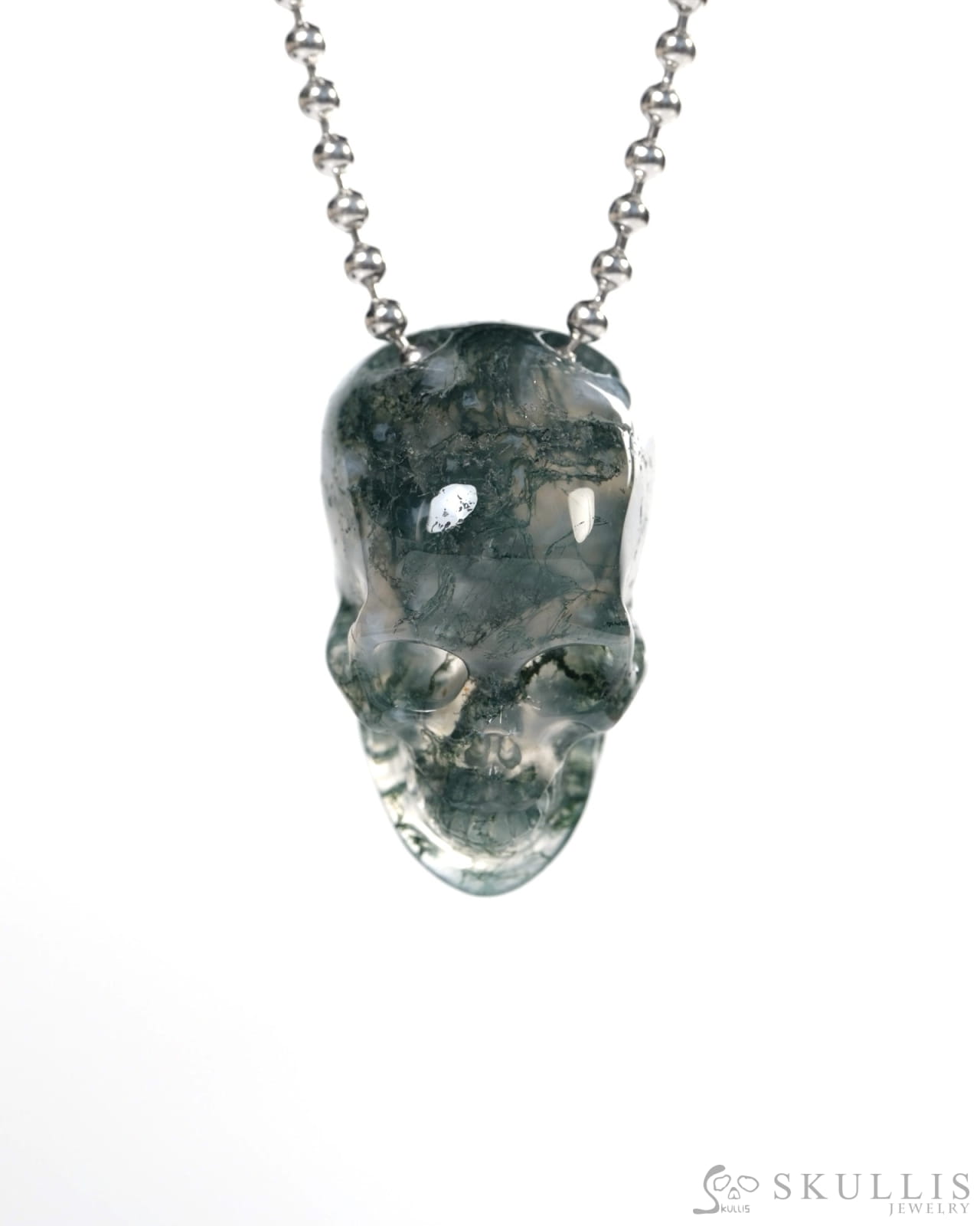 Hollow Essence - Gem Skull Pendant Necklace of Green Moss Agate Carved Hollow Skull - Y9900344 - Skull Pendants