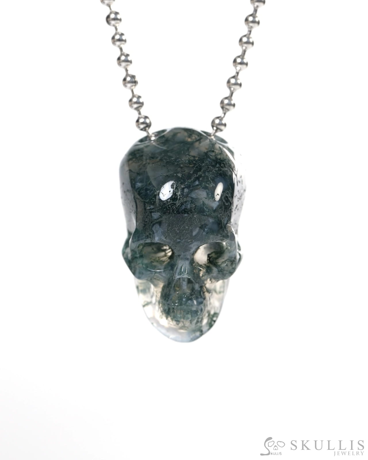 Hollow Essence - Gem Skull Pendant Necklace of Green Moss Agate Carved Hollow Skull - Y9900346 - Skull Pendants
