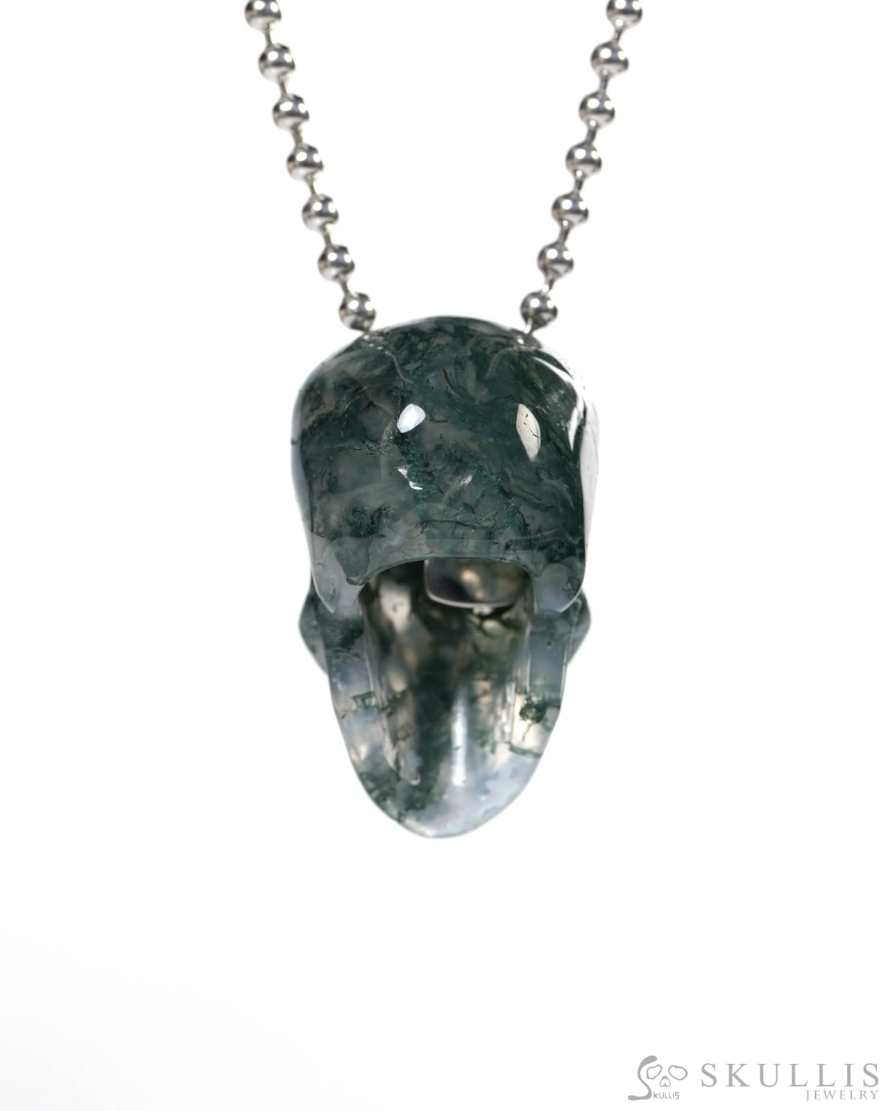 Hollow Essence - Gem Skull Pendant Necklace of Green Moss Agate Carved Hollow Skull - Y9900346 - Skull Pendants