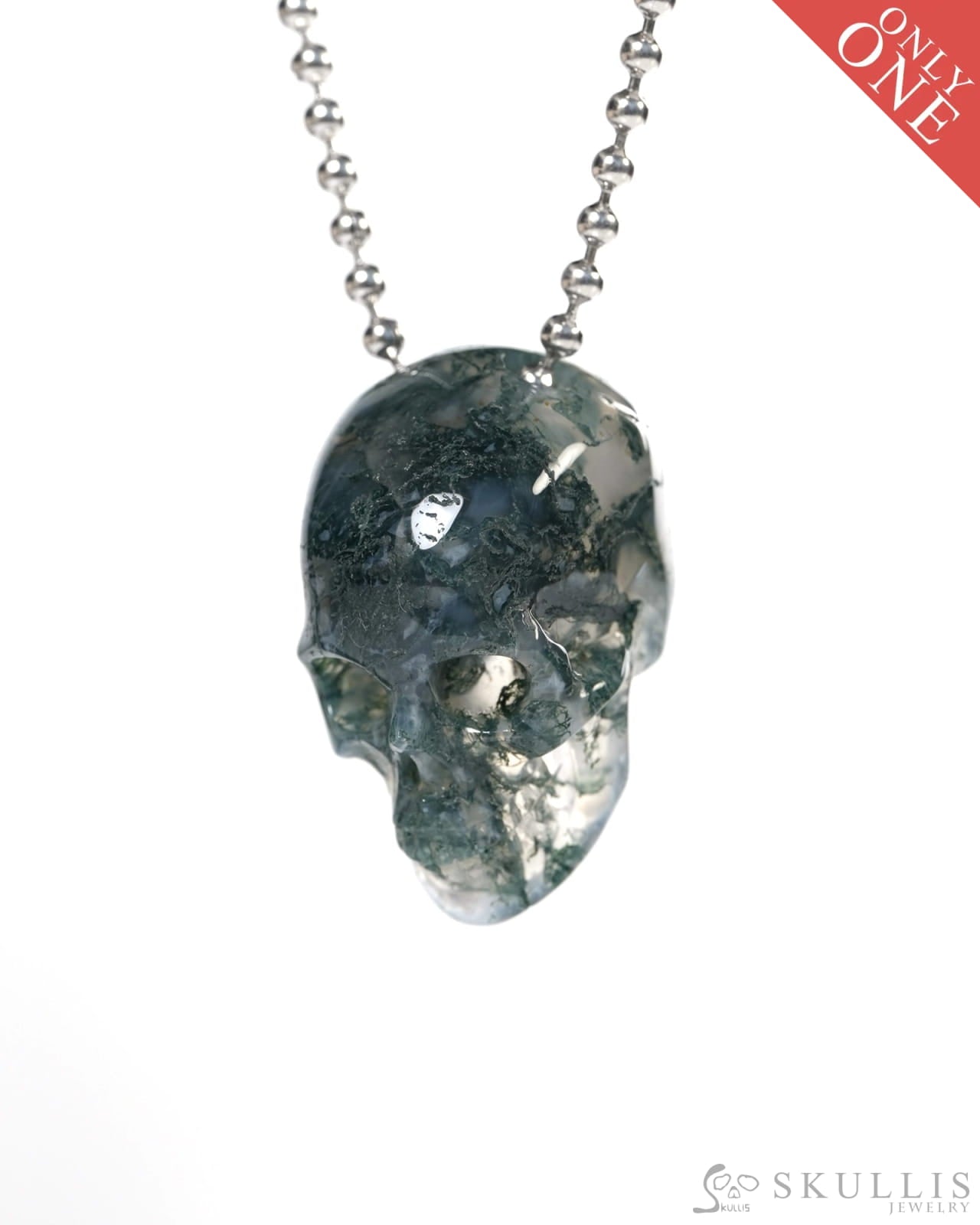 Hollow Essence - Gem Skull Pendant Necklace of Green Moss Agate Carved Hollow Skull - Y9900346 - Skull Pendants