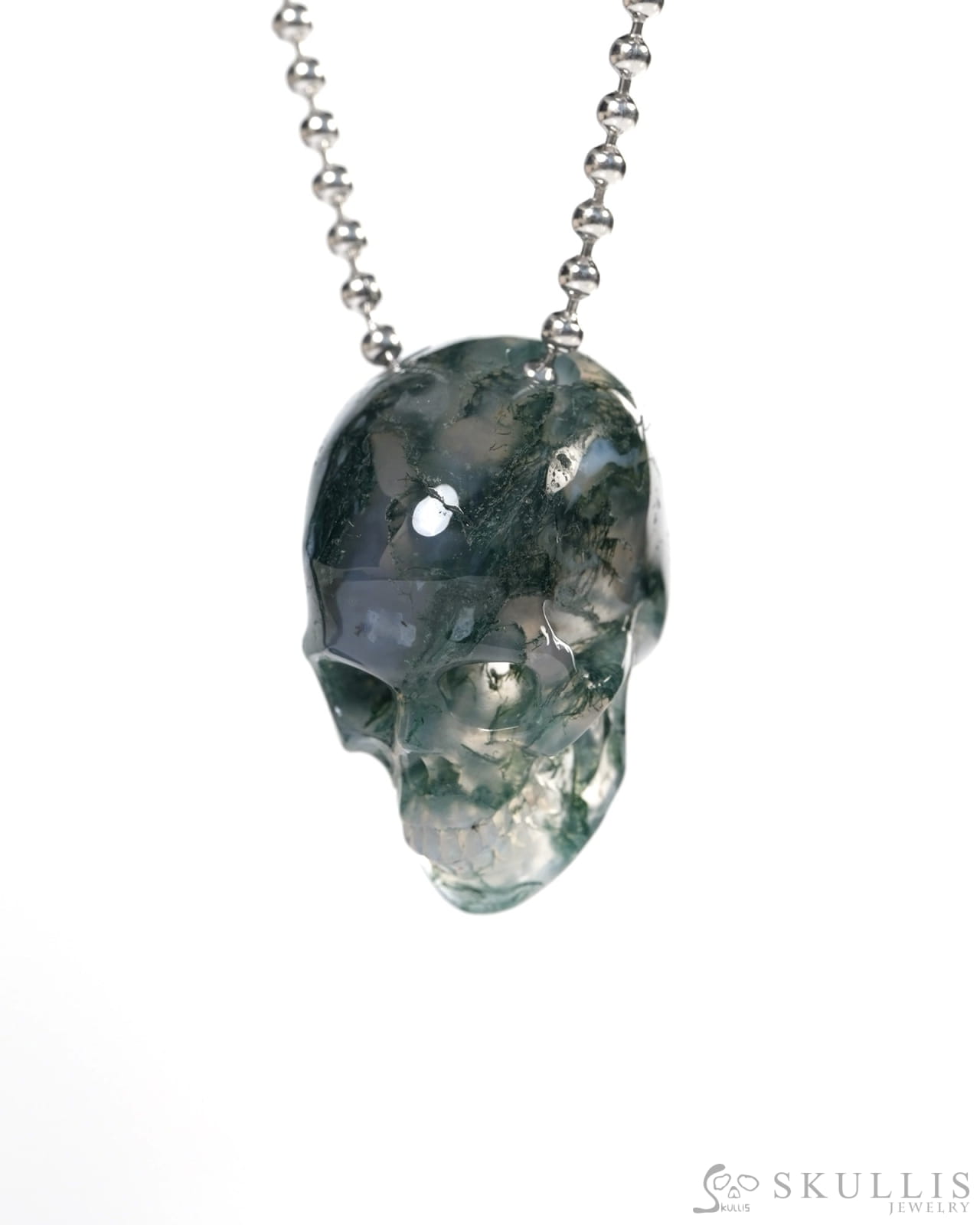 Hollow Essence - Gem Skull Pendant Necklace of Green Moss Agate Carved Hollow Skull - Y9900347 - Skull Pendants