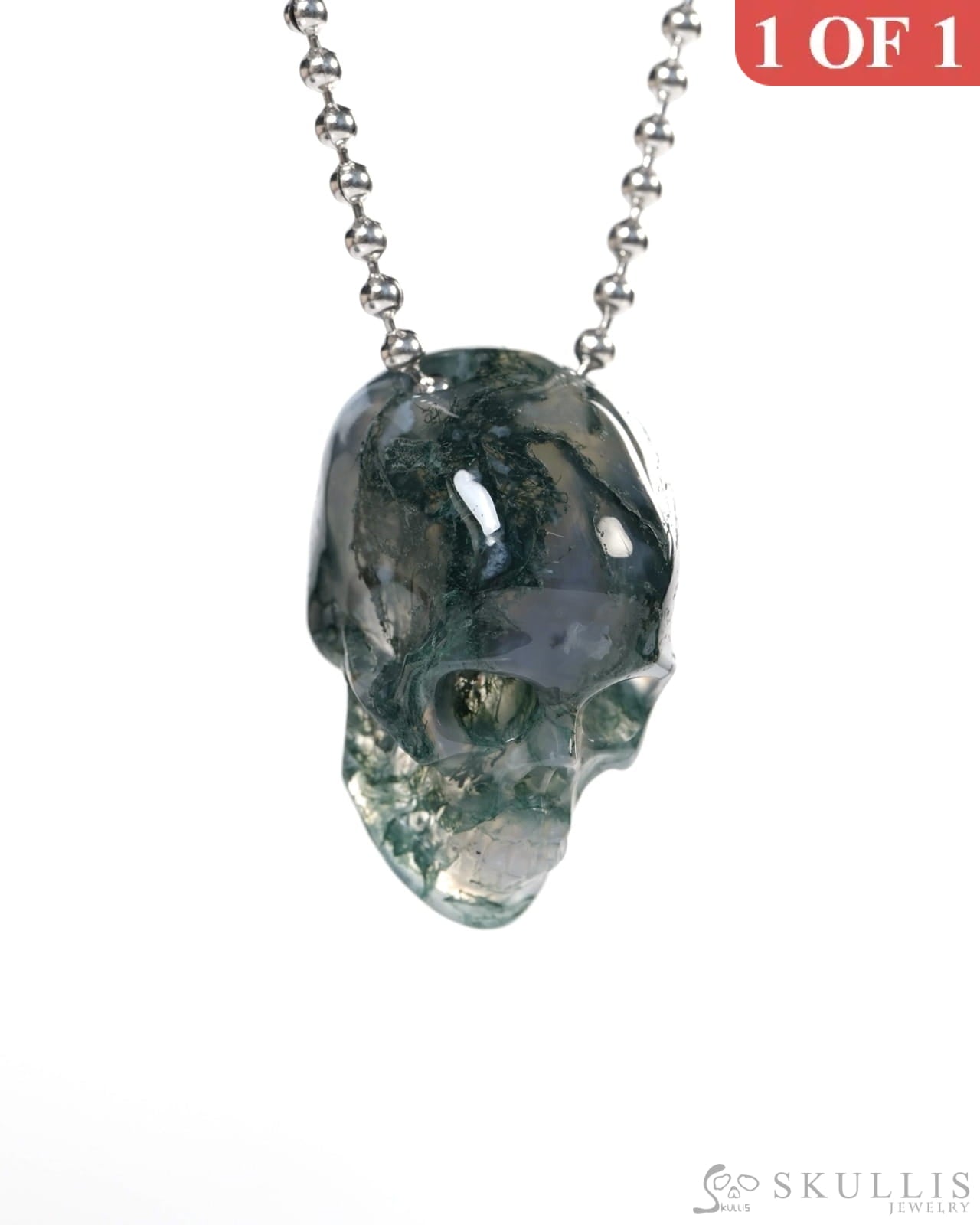 Hollow Essence - Gem Skull Pendant Necklace of Green Moss Agate Carved Hollow Skull - Y9900347 - Skull Pendants