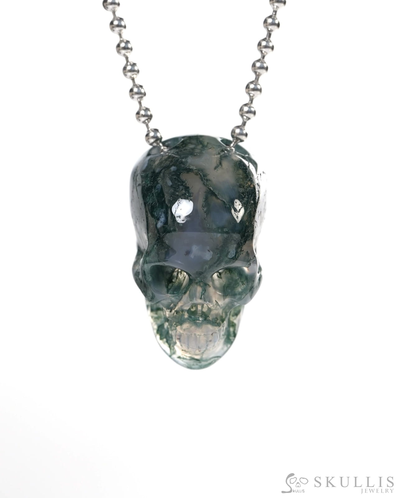 Hollow Essence - Gem Skull Pendant Necklace of Green Moss Agate Carved Hollow Skull - Y9900347 - Skull Pendants