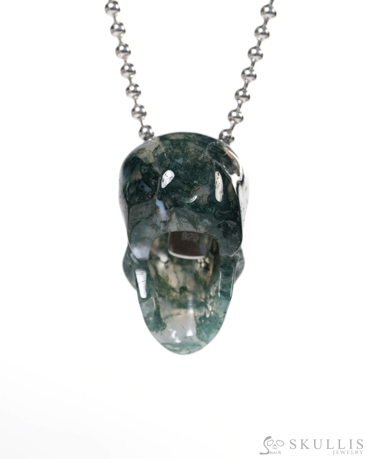 Hollow Essence - Gem Skull Pendant Necklace of Green Moss Agate Carved Hollow Skull - Y9900347 - Skull Pendants