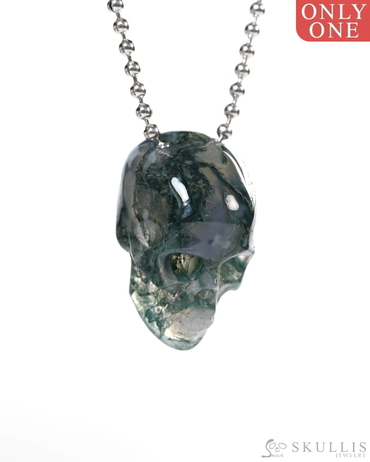 Hollow Essence - Gem Skull Pendant Necklace of Green Moss Agate Carved Hollow Skull - Y9900347 - Skull Pendants