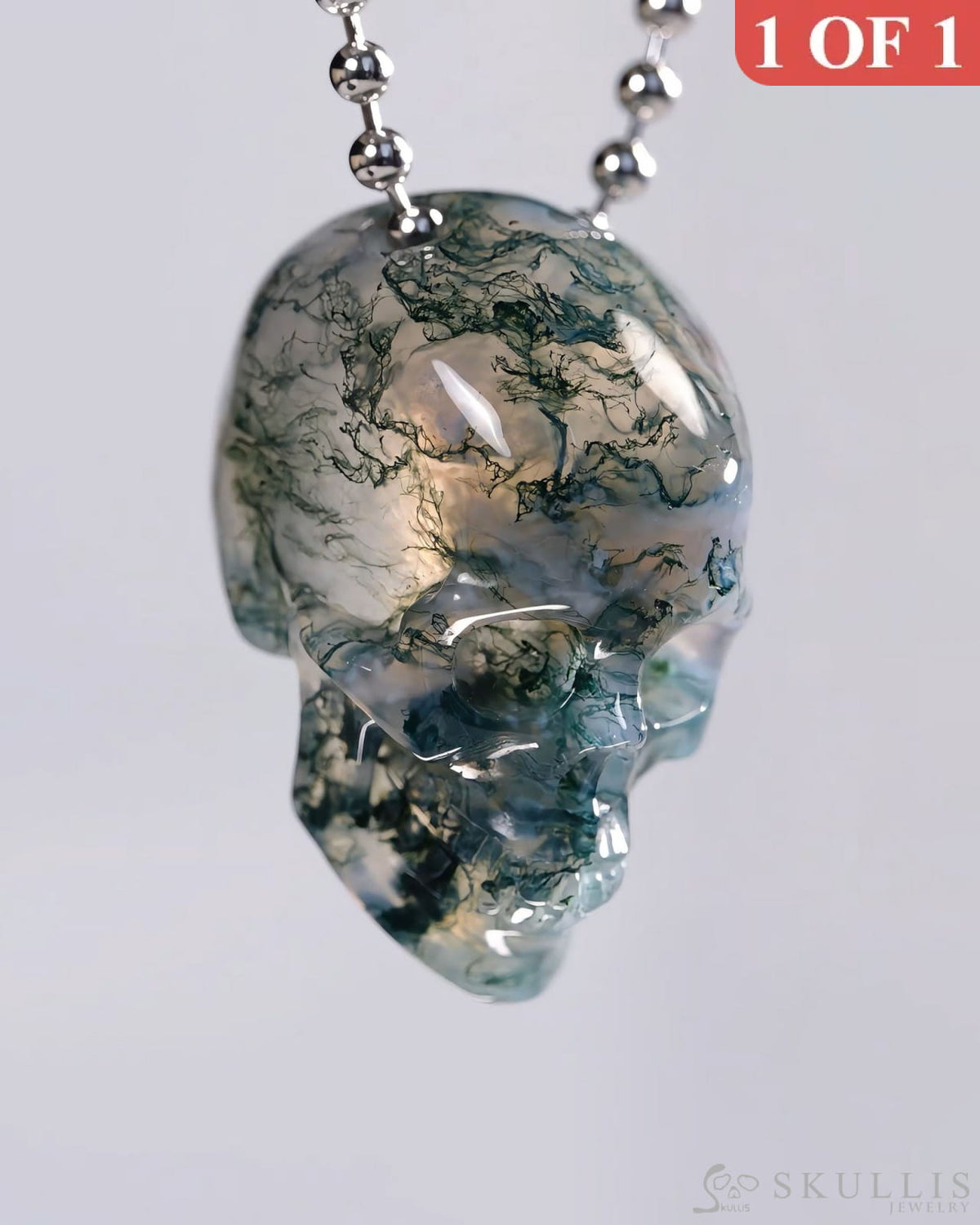 Hollow Essence - Gem Skull Pendant Necklace of Green Moss Agate Carved Hollow Skull - 9500438 - Skull Pendants
