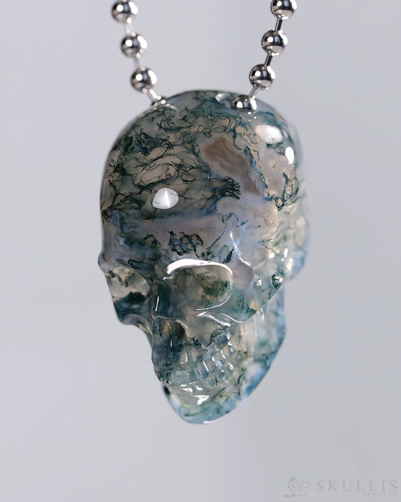 Hollow Essence - Gem Skull Pendant Necklace of Green Moss Agate Carved Hollow Skull - 9500438 - Skull Pendants