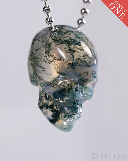 Hollow Essence - Gem Skull Pendant Necklace of Green Moss Agate Carved Hollow Skull - 9500438 - Skull Pendants