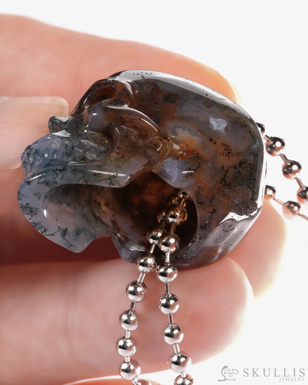 Hollow Essence - Gem Skull Pendant Necklace of Green Moss Agate Carved Hollow Skull - ZR19500439 - Skull Pendants