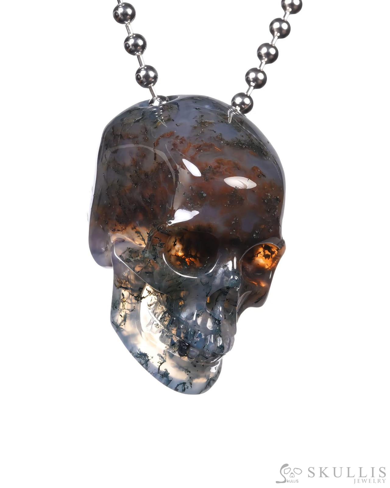 Hollow Essence - Gem Skull Pendant Necklace of Green Moss Agate Carved Hollow Skull - ZR19500439 - Skull Pendants