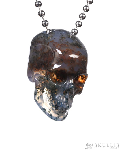 Hollow Essence - Gem Skull Pendant Necklace of Green Moss Agate Carved Hollow Skull - ZR19500439 - Skull Pendants