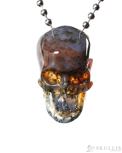 Hollow Essence - Gem Skull Pendant Necklace of Green Moss Agate Carved Hollow Skull - ZR19500439 - Skull Pendants