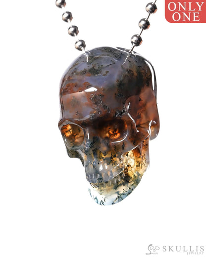 Hollow Essence - Gem Skull Pendant Necklace of Green Moss Agate Carved Hollow Skull - ZR19500439 - Skull Pendants
