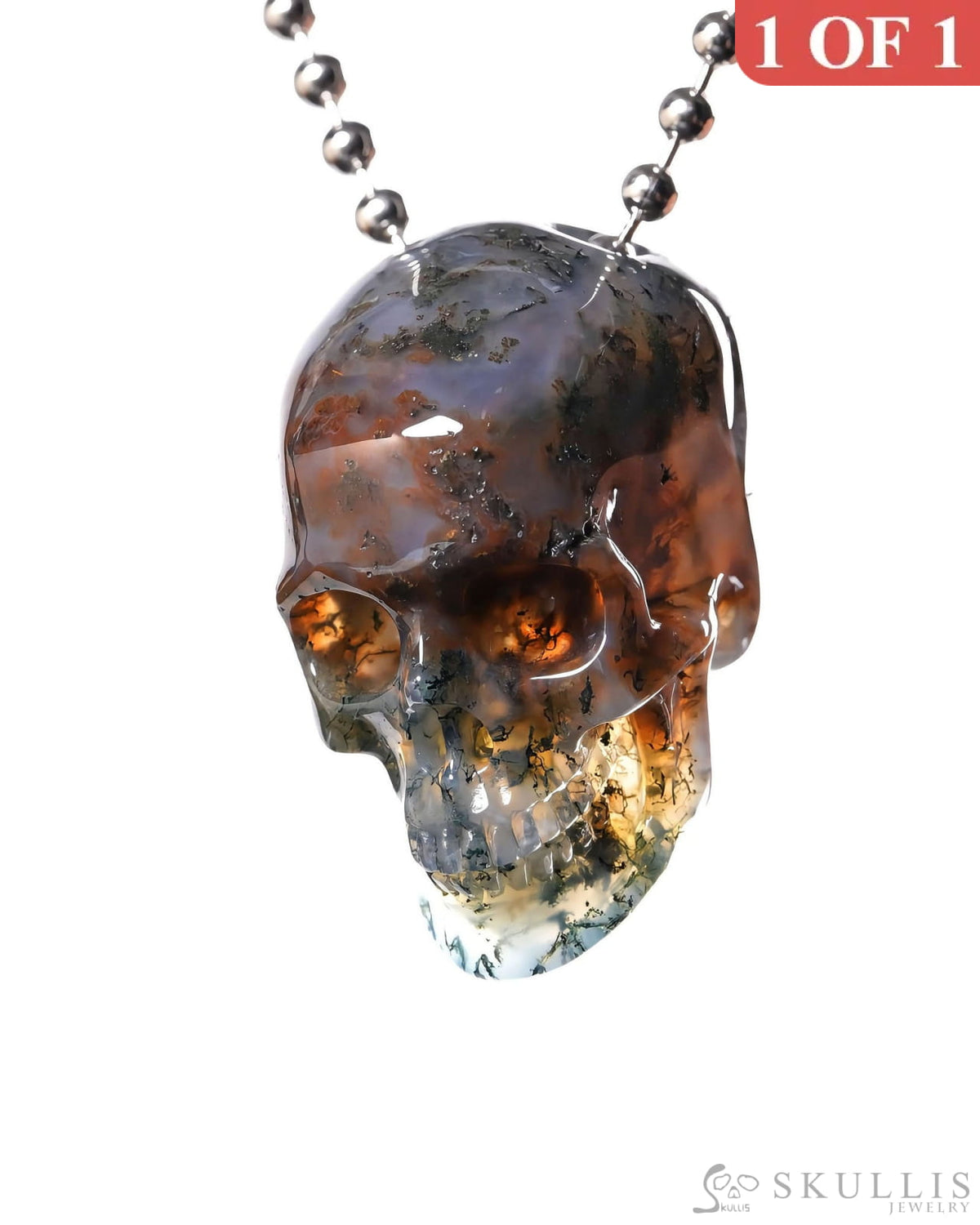 Hollow Essence - Gem Skull Pendant Necklace of Green Moss Agate Carved Hollow Skull - ZR19500439 - Skull Pendants