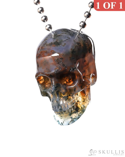 Hollow Essence - Gem Skull Pendant Necklace of Green Moss Agate Carved Hollow Skull - ZR19500439 - Skull Pendants