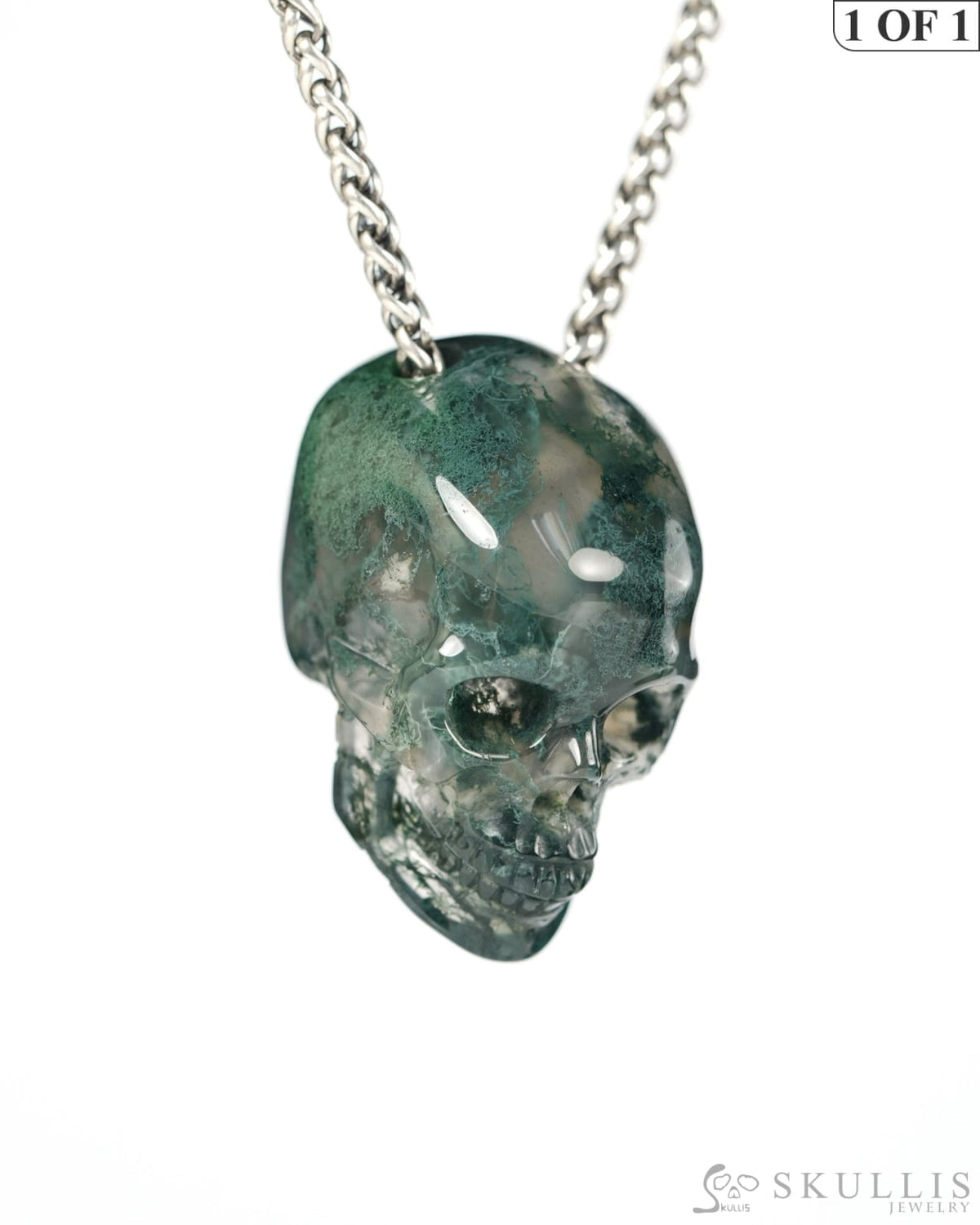 Hollow Essence - Gem Skull Pendant Necklace of Green Moss Agate Hand Carved Hollow Skull - 9900543 - Skull Pendants