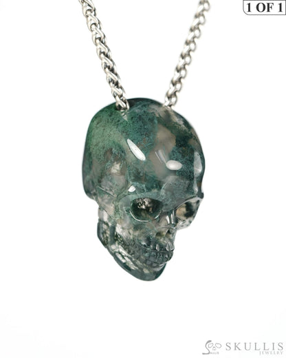 Hollow Essence - Gem Skull Pendant Necklace of Green Moss Agate Hand Carved Hollow Skull - 9900543 - Skull Pendants