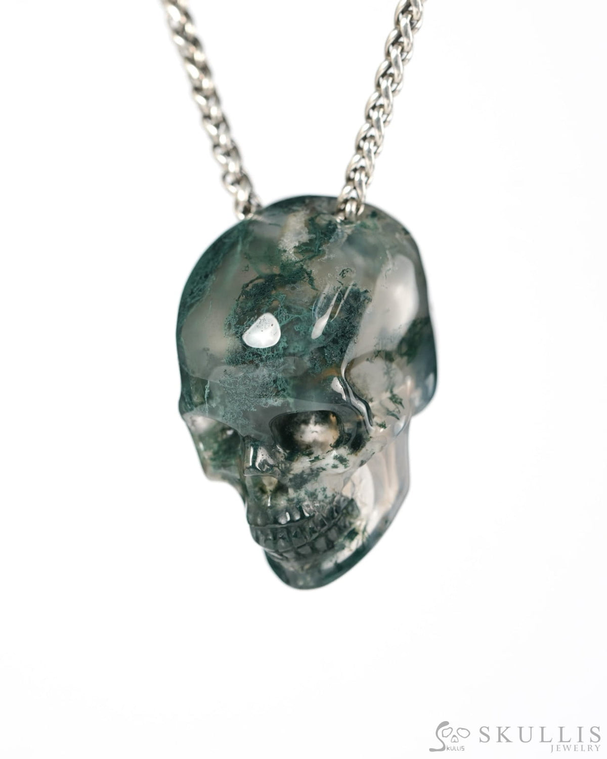 Hollow Essence - Gem Skull Pendant Necklace of Green Moss Agate Hand Carved Hollow Skull - 9900543 - Skull Pendants