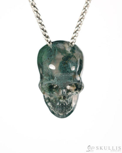 Hollow Essence - Gem Skull Pendant Necklace of Green Moss Agate Hand Carved Hollow Skull - 9900543 - Skull Pendants