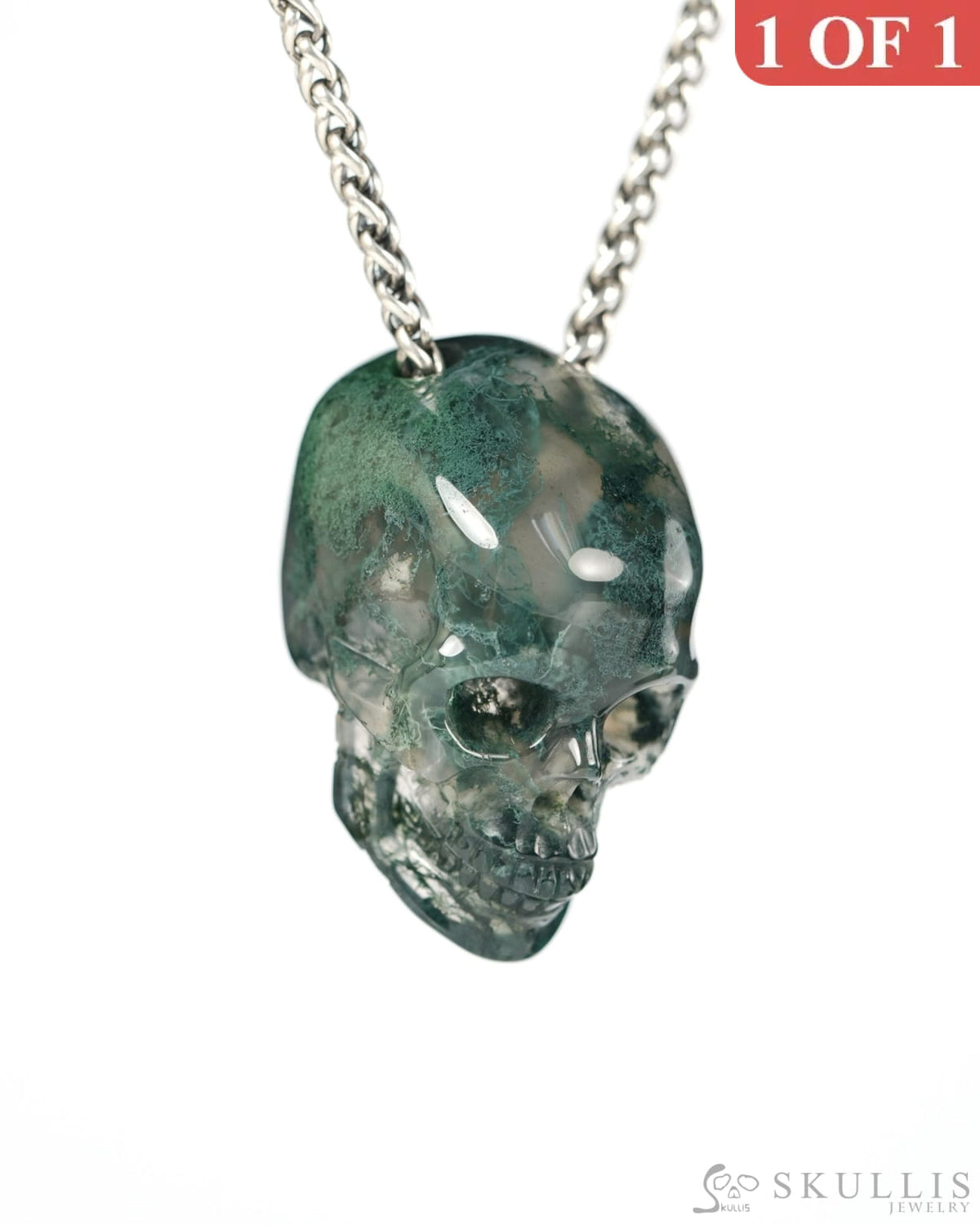 Hollow Essence - Gem Skull Pendant Necklace of Green Moss Agate Hand Carved Hollow Skull - 9900543 - Skull Pendants