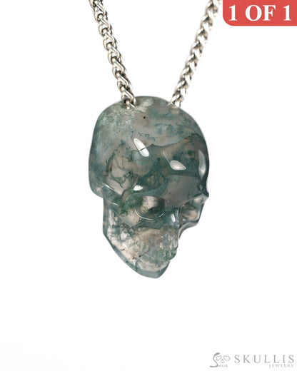 Hollow Essence - Gem Skull Pendant Necklace of Green Moss Agate Hand Carved Hollow Skull - 9900544 - Skull Pendants