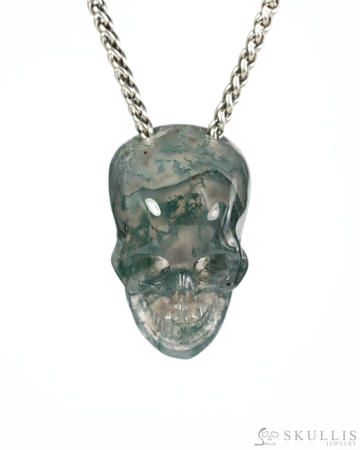 Hollow Essence - Gem Skull Pendant Necklace of Green Moss Agate Hand Carved Hollow Skull - 9900544 - Skull Pendants