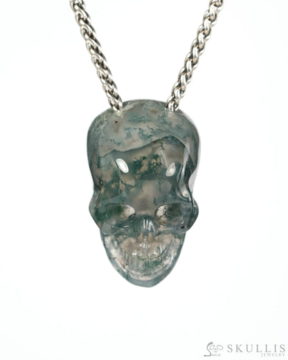 Hollow Essence - Gem Skull Pendant Necklace of Green Moss Agate Hand Carved Hollow Skull - 9900544 - Skull Pendants