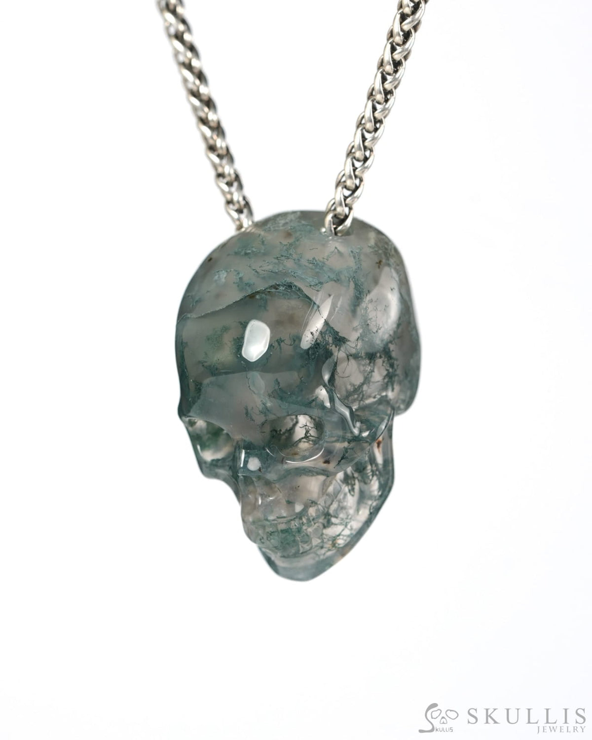Hollow Essence - Gem Skull Pendant Necklace of Green Moss Agate Hand Carved Hollow Skull - 9900544 - Skull Pendants