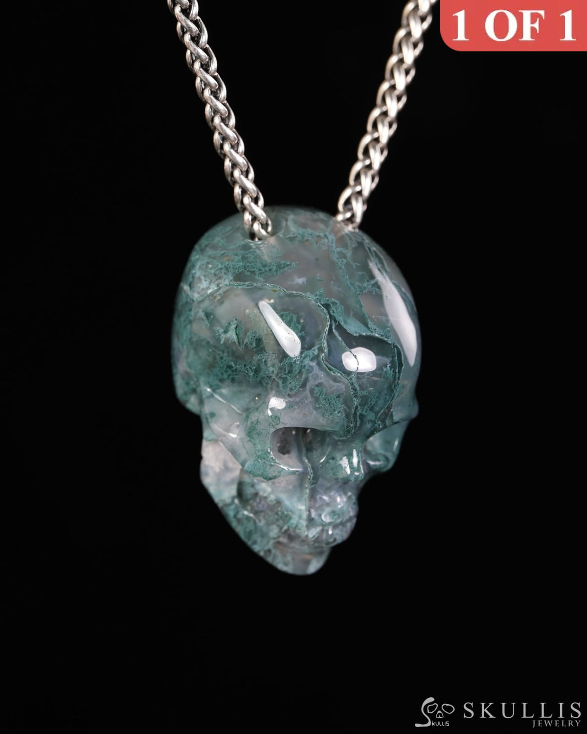 Hollow Essence - Gem Skull Pendant Necklace of Green Moss Agate Hand Carved Hollow Skull - 9900598 - Skull Pendants
