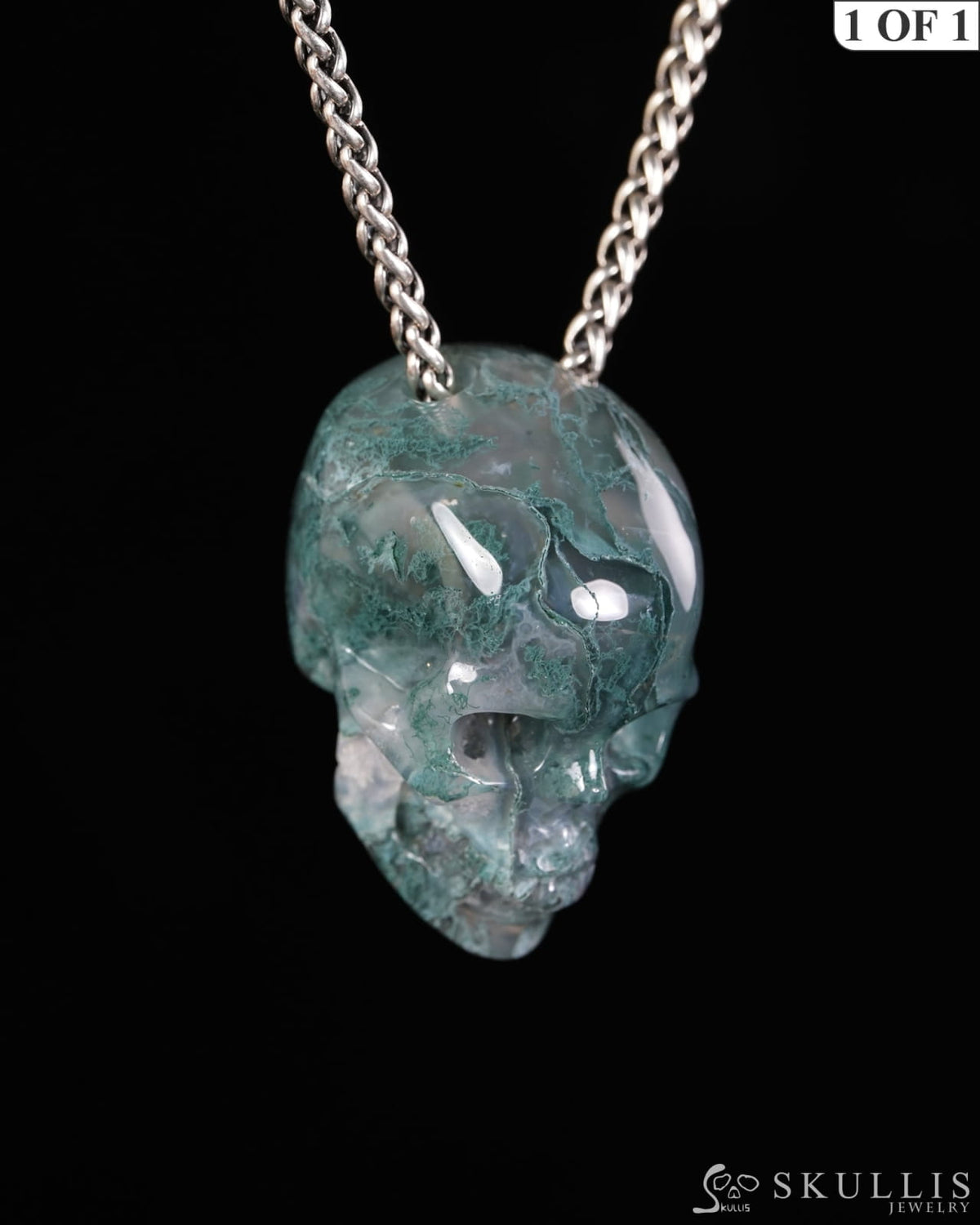 Hollow Essence - Gem Skull Pendant Necklace of Green Moss Agate Hand Carved Hollow Skull - 9900598 - Skull Pendants