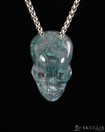Hollow Essence - Gem Skull Pendant Necklace of Green Moss Agate Hand Carved Hollow Skull - 9900598 - Skull Pendants
