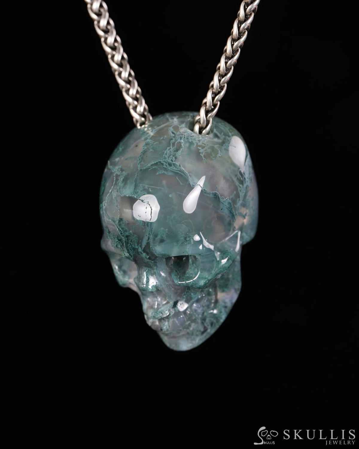 Hollow Essence - Gem Skull Pendant Necklace of Green Moss Agate Hand Carved Hollow Skull - 9900598 - Skull Pendants