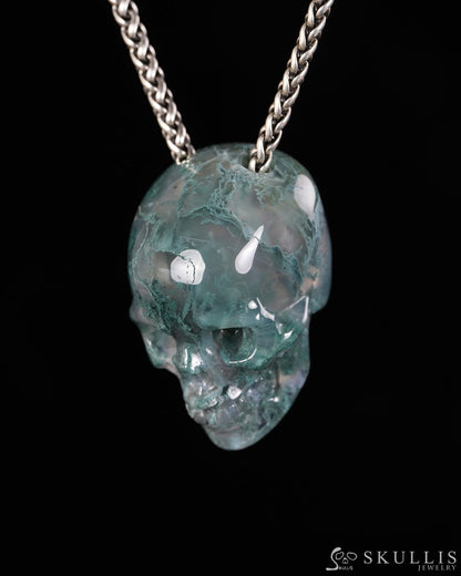 Hollow Essence - Gem Skull Pendant Necklace of Green Moss Agate Hand Carved Hollow Skull - 9900598 - Skull Pendants