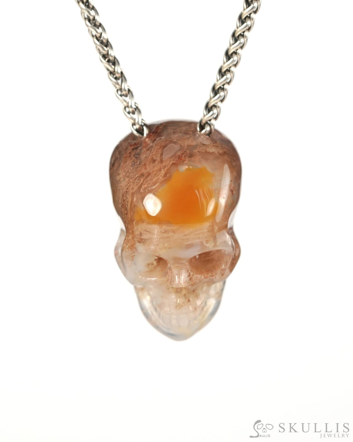Hollow Essence - Gem Skull Pendant Necklace of Green Moss Agate Hand Carved Hollow Skull - 9900535 - Skull Pendants