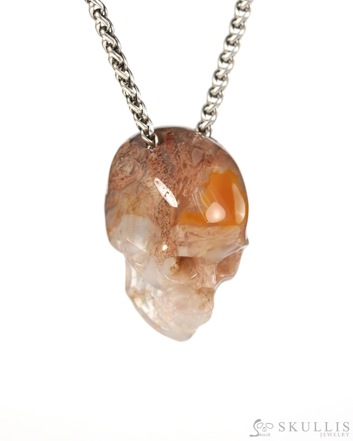 Hollow Essence - Gem Skull Pendant Necklace of Green Moss Agate Hand Carved Hollow Skull - 9900535 - Skull Pendants