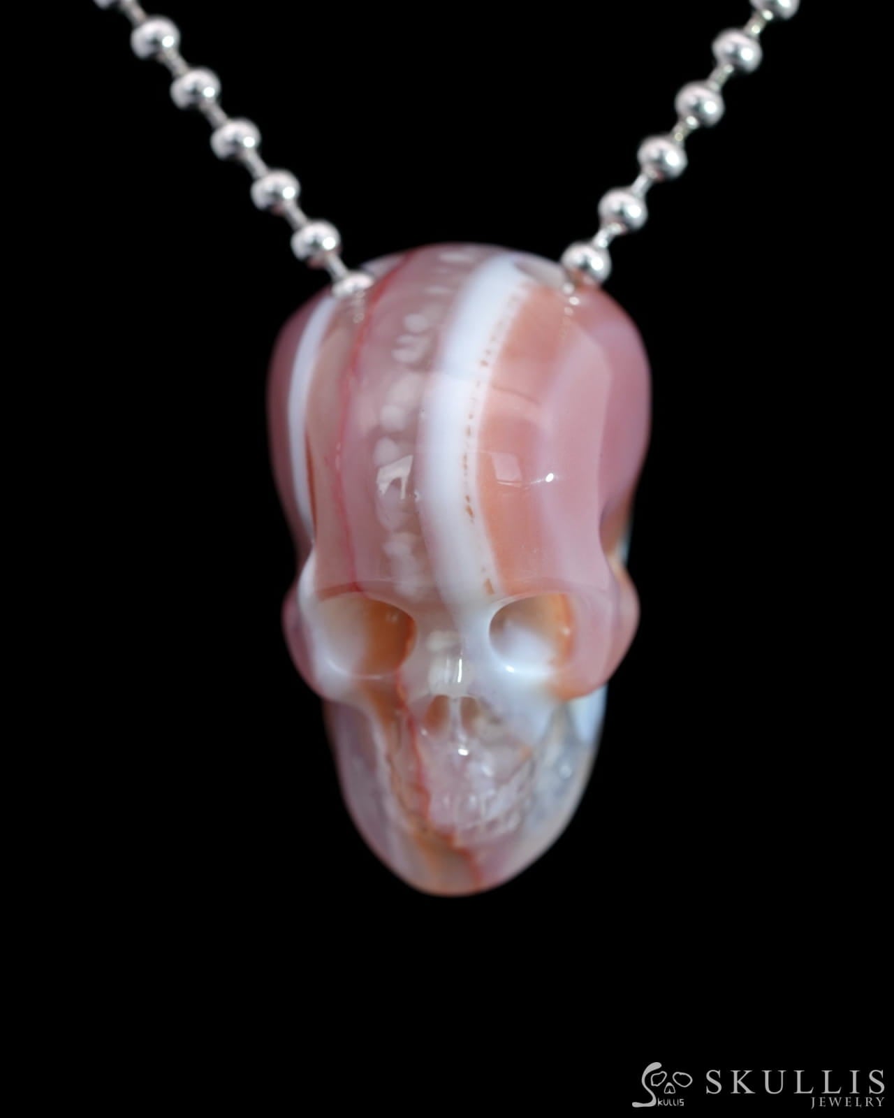 Gem Skull Pendant Necklace of Mozambique Agate Carved Hollow Skull with 925 Silver Chain - 9500204 Skull Pendants