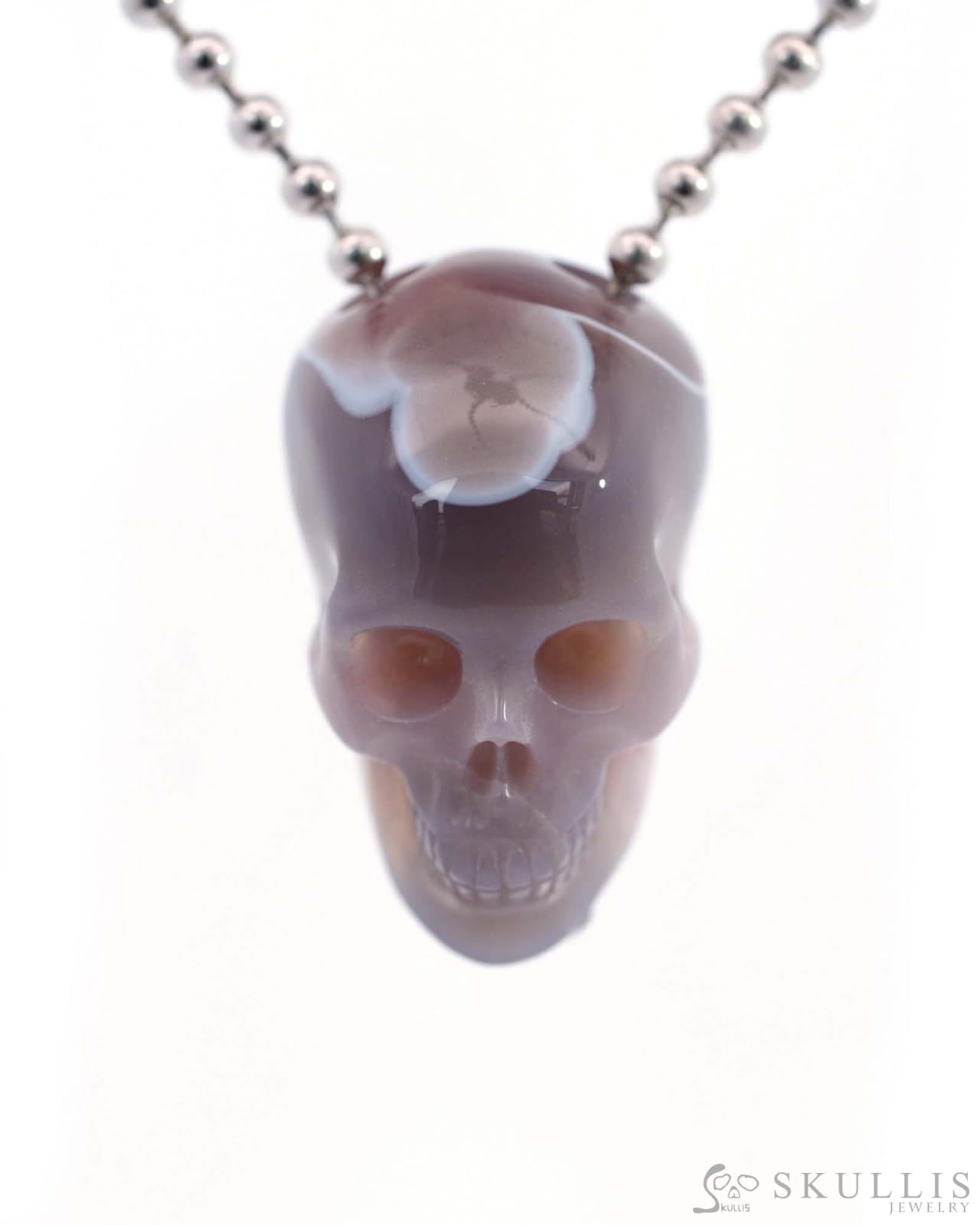 Gem Skull Pendant Necklace of Mozambique Agate Carved Hollow Skull with 925 Silver Chain - 9500205 Skull Pendants
