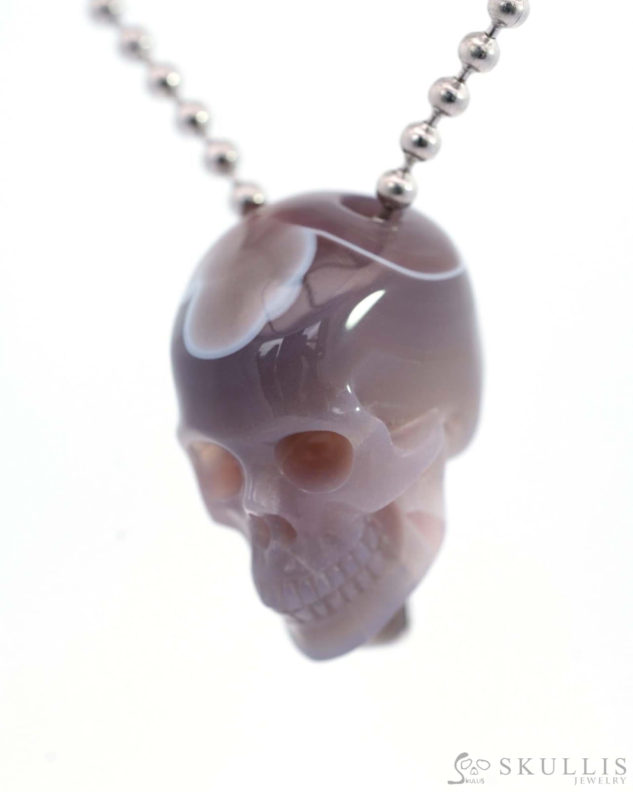Gem Skull Pendant Necklace of Mozambique Agate Carved Hollow Skull with 925 Silver Chain - 9500205 Skull Pendants