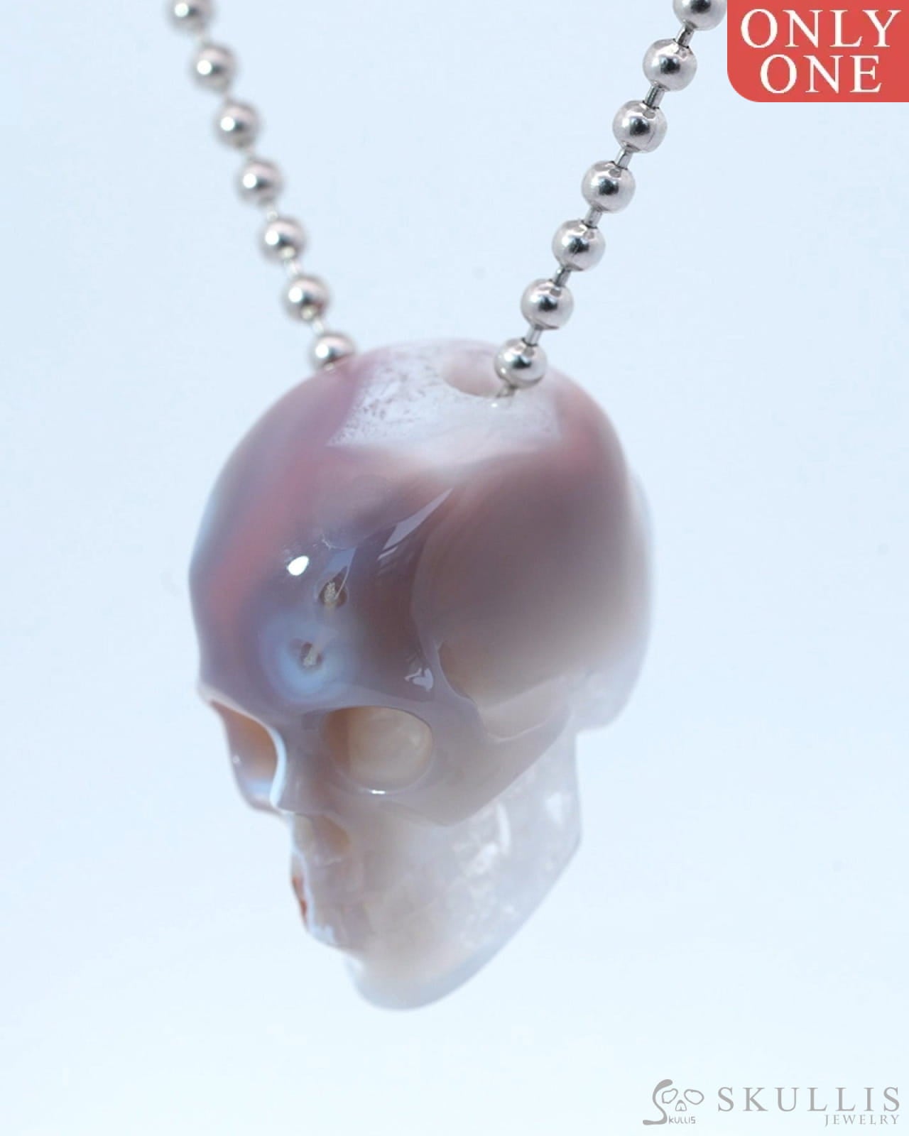 Gem Skull Pendant Necklace of Mozambique Agate Carved Hollow Skull with 925 Sterling Silver Chain - 9800193 Skull