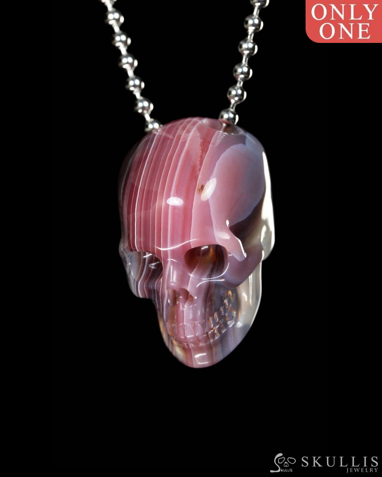 Gem Skull Pendant Necklace of Mozambique Agate Carved Hollow Skull with 925 Silver Chain - 9900091 Skull Pendants