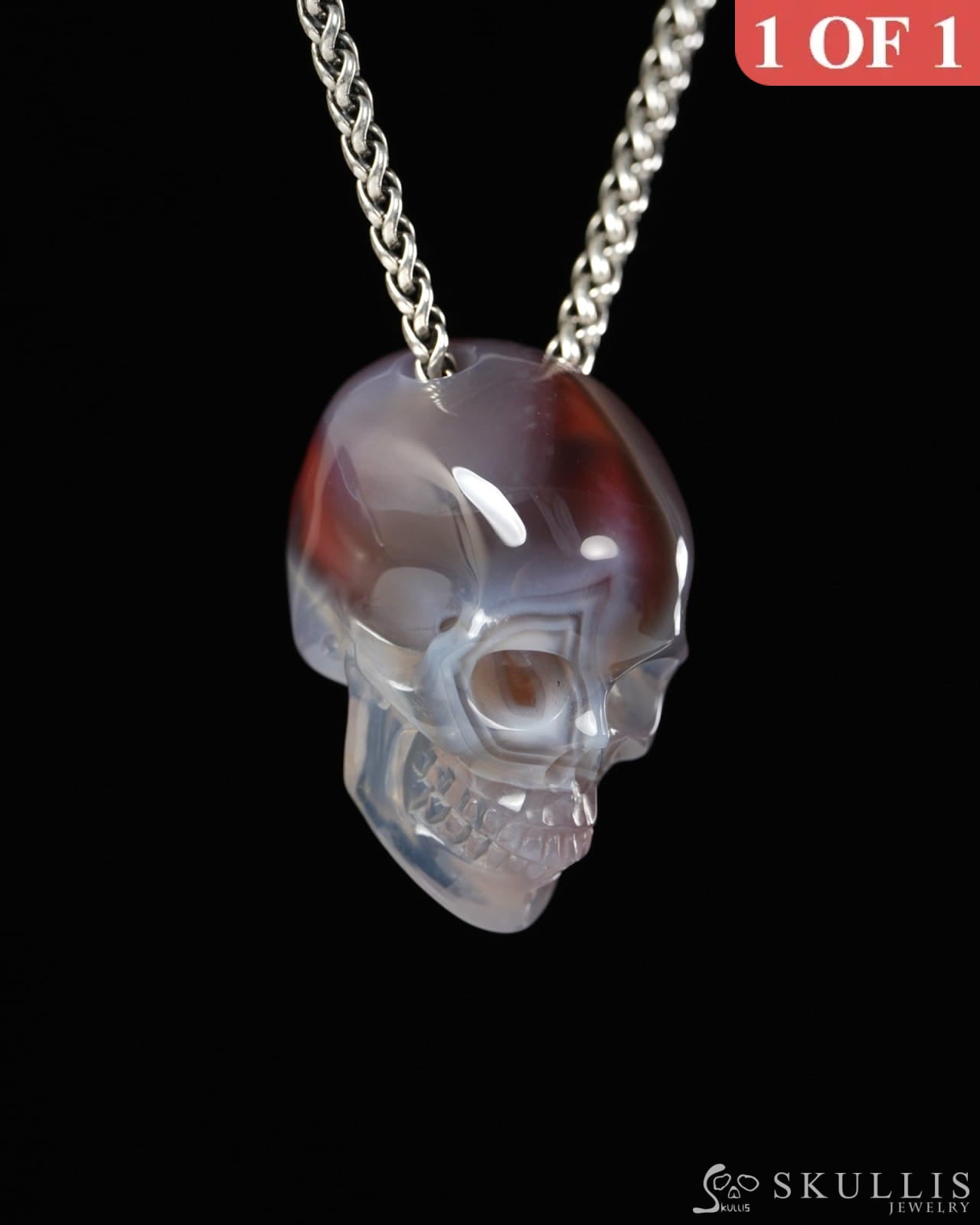 Hollow Essence - Gem Skull Pendant Necklace of Mozambique Agate Carved Hollow Skull - 9900499 - Skull Pendants