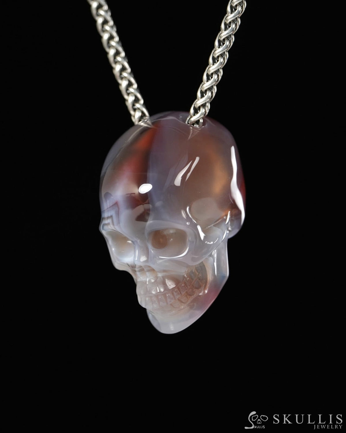 Hollow Essence - Gem Skull Pendant Necklace of Mozambique Agate Carved Hollow Skull - 9900499 - Skull Pendants