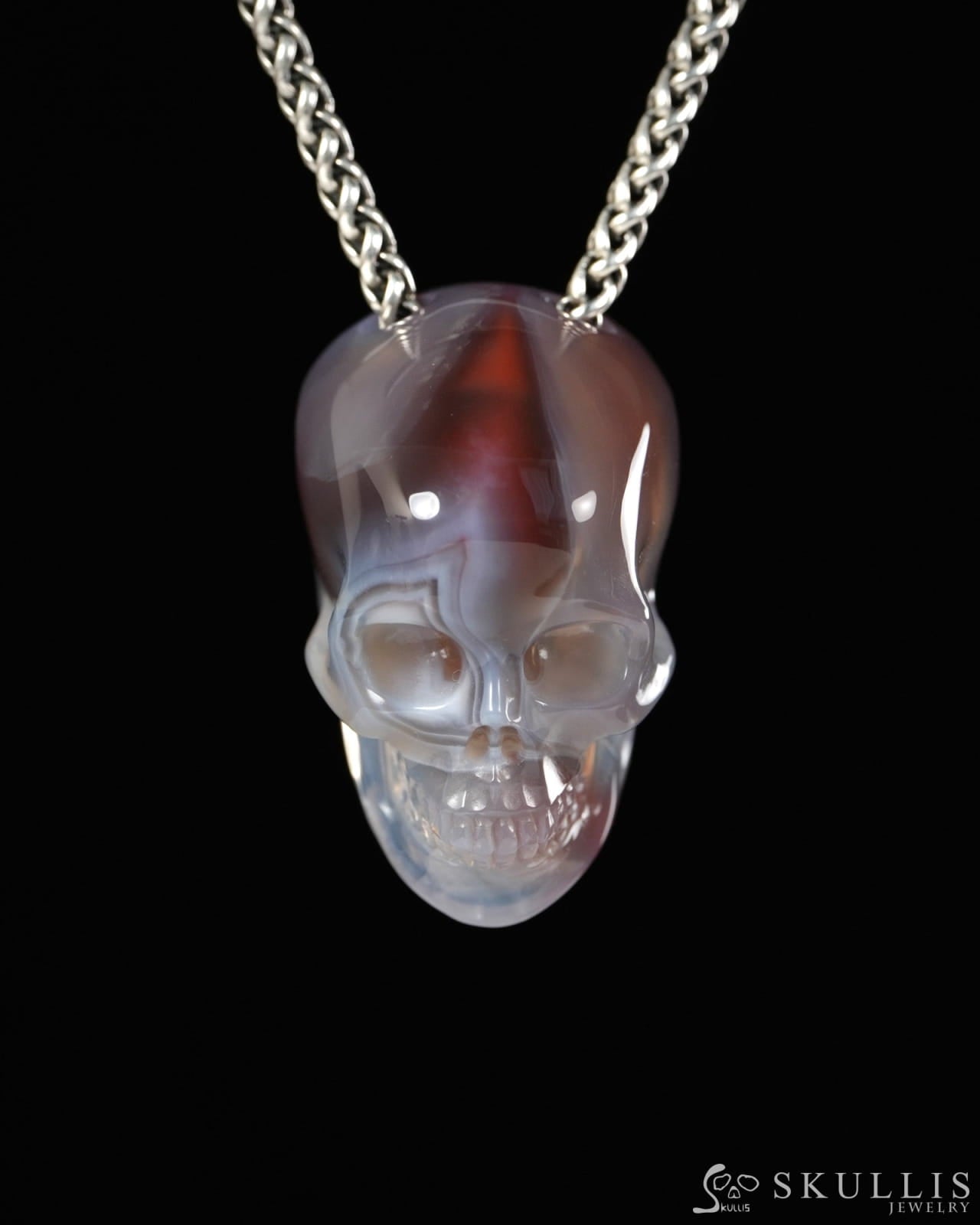 Hollow Essence - Gem Skull Pendant Necklace of Mozambique Agate Carved Hollow Skull - 9900499 - Skull Pendants