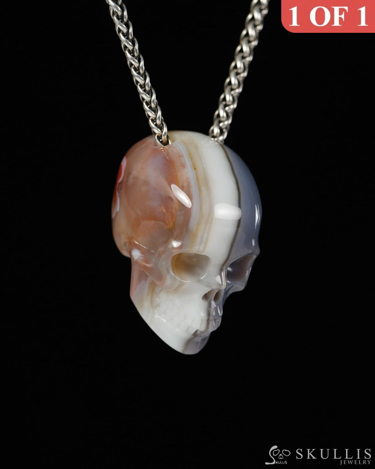 Hollow Essence - Gem Skull Pendant Necklace of Mozambique Agate Carved Hollow Skull - 9900500 - Skull Pendants