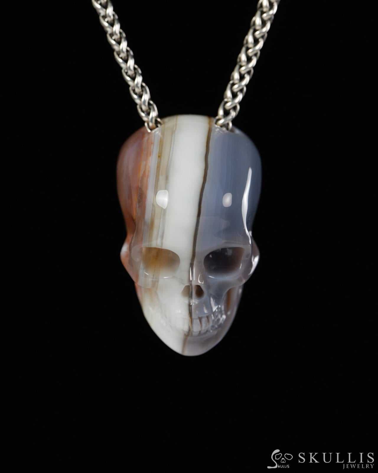 Hollow Essence - Gem Skull Pendant Necklace of Mozambique Agate Carved Hollow Skull - 9900500 - Skull Pendants