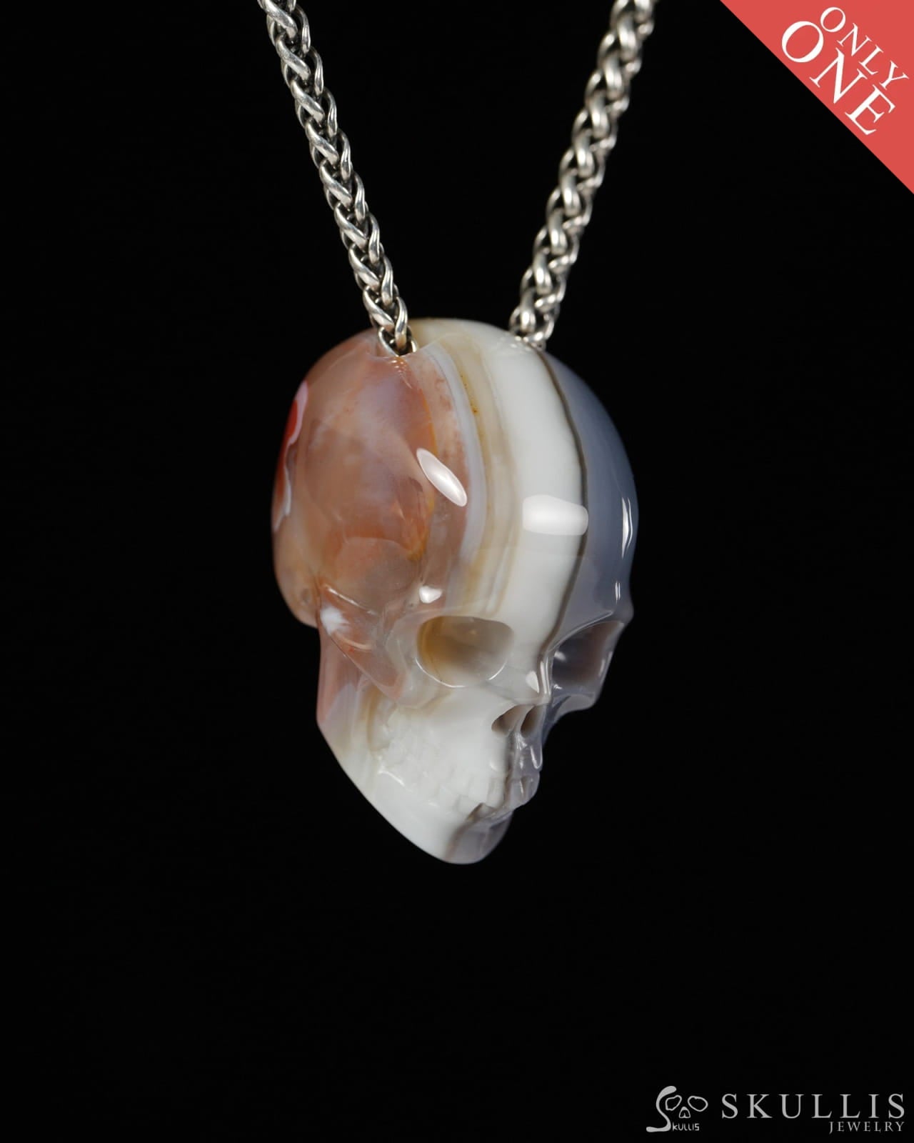 Hollow Essence - Gem Skull Pendant Necklace of Mozambique Agate Carved Hollow Skull - 9900500 - Skull Pendants