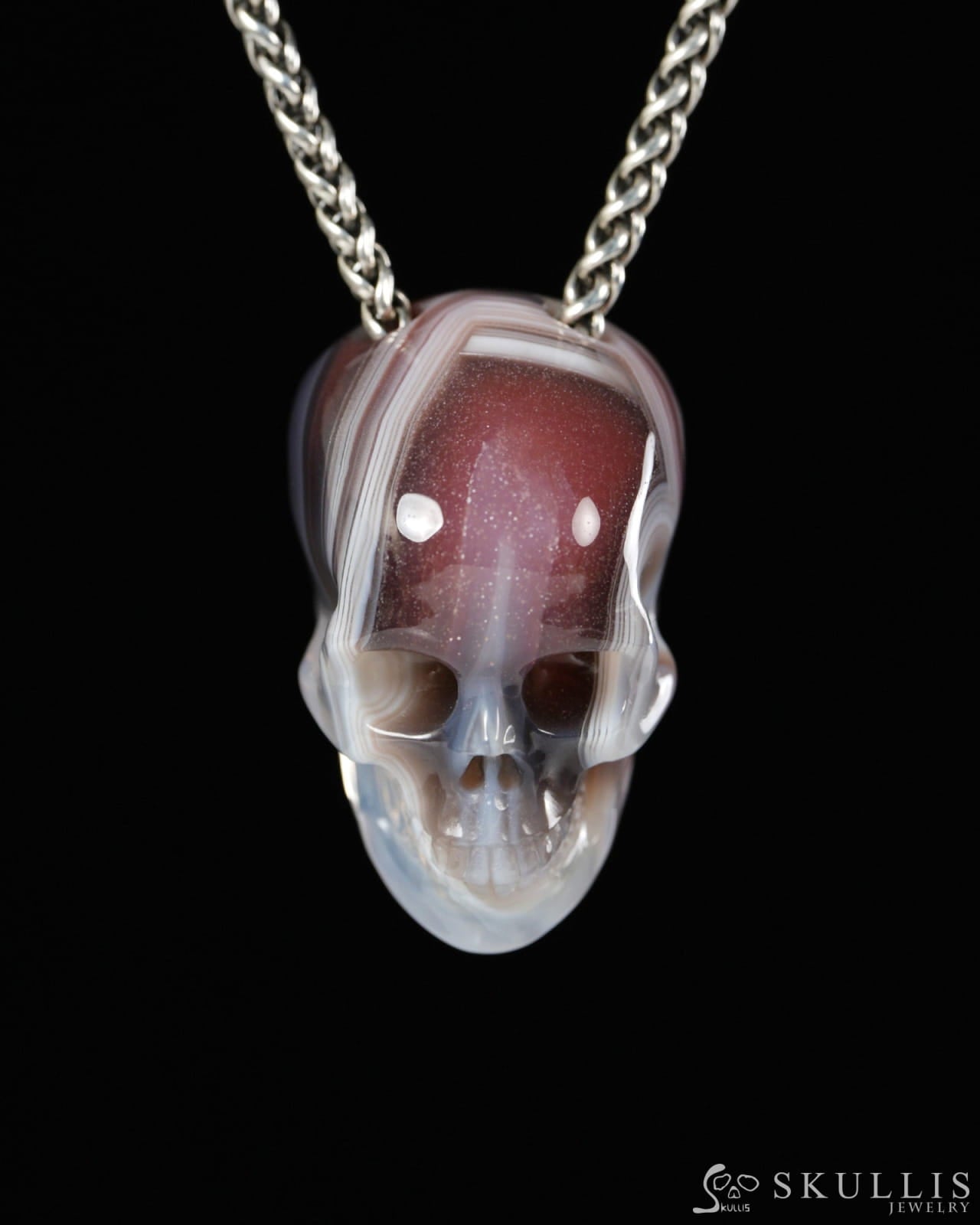 Hollow Essence - Gem Skull Pendant Necklace of Mozambique Agate Carved Hollow Skull - 9900501 - Skull Pendants