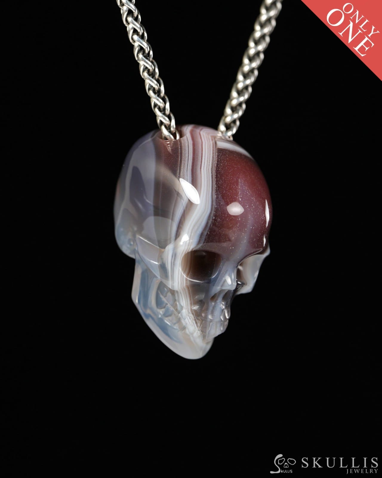 Hollow Essence - Gem Skull Pendant Necklace of Mozambique Agate Carved Hollow Skull - 9900501 - Skull Pendants
