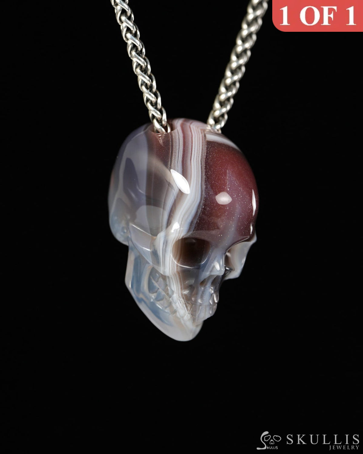 Hollow Essence - Gem Skull Pendant Necklace of Mozambique Agate Carved Hollow Skull - 9900501 - Skull Pendants